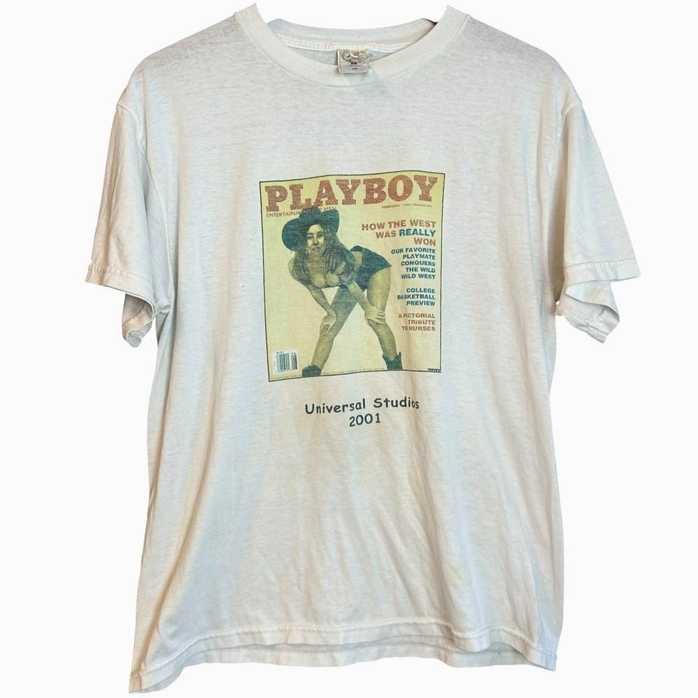 Y2K 2001 Playboy X Universal Studios Shirt Size Large Promotional Tee Paper Thin